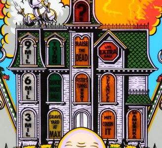 This is a SP (Sun Process) made Addams Family.<br />Note the purple colors in the mansion.<br />Most collectors prefer this version over the LS playfields.