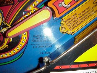 Funhouse, rare Linc Smith clear coated playfield.<br />‘LS Top Coat’ was Linc Smith’s clear coated version.<br />There are fewer of these ‘LS Top Coat’ playfields than the Sun Process ‘Diamond Plate’ Funhouse playfields.